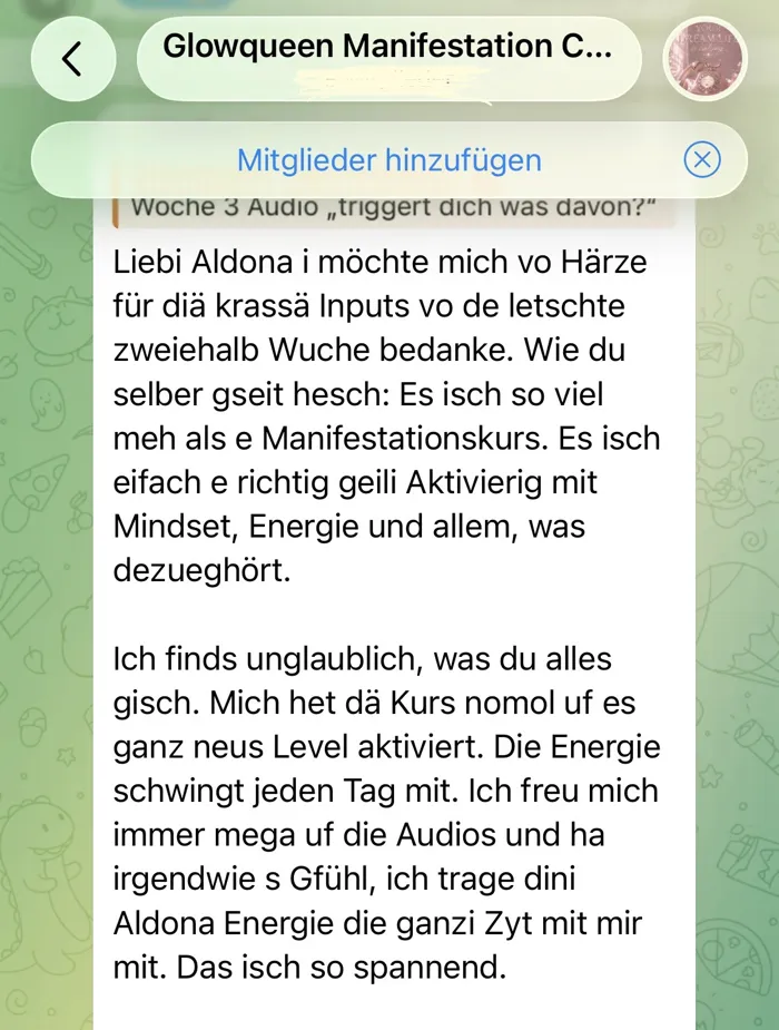 Original-Nachricht einer Kundin: Glowqueen Manifestation