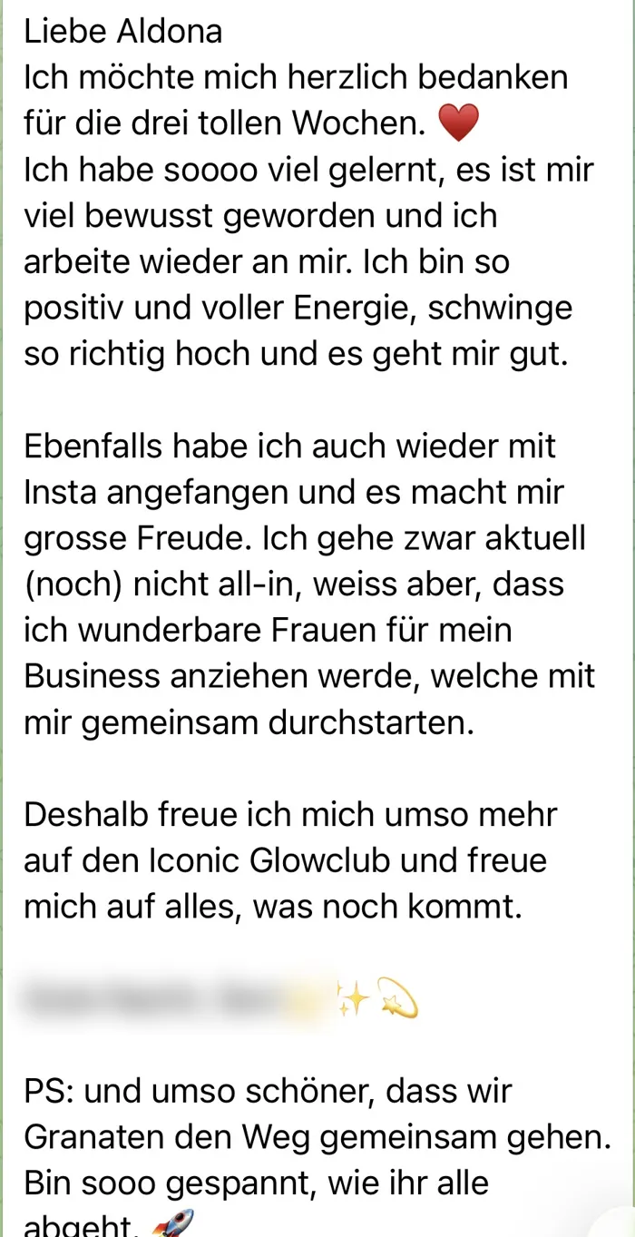 Original-Nachricht einer Kundin: Manifestation