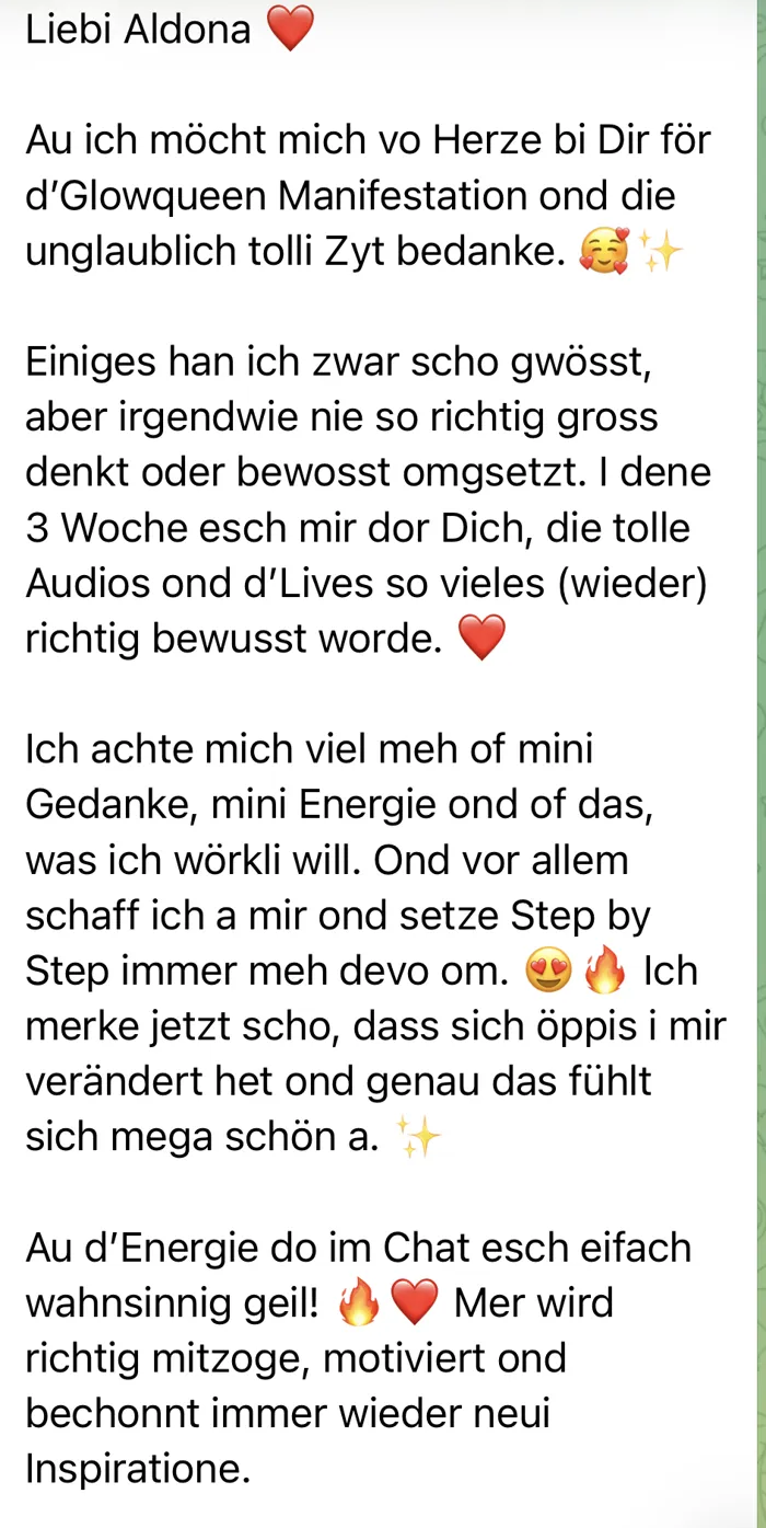 Original-Nachricht einer Kundin: Glowqueen Manifestation