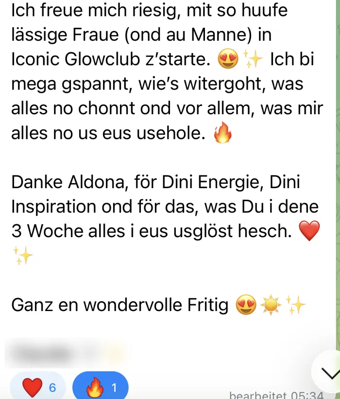 Original-Nachricht einer Kundin: Glowqueen Manifestation