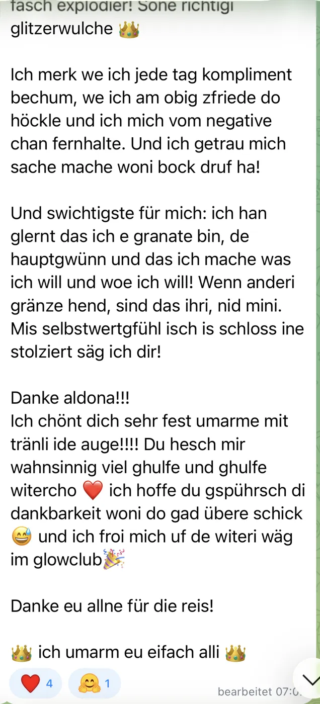 Original-Nachricht einer Kundin: Selbstwert